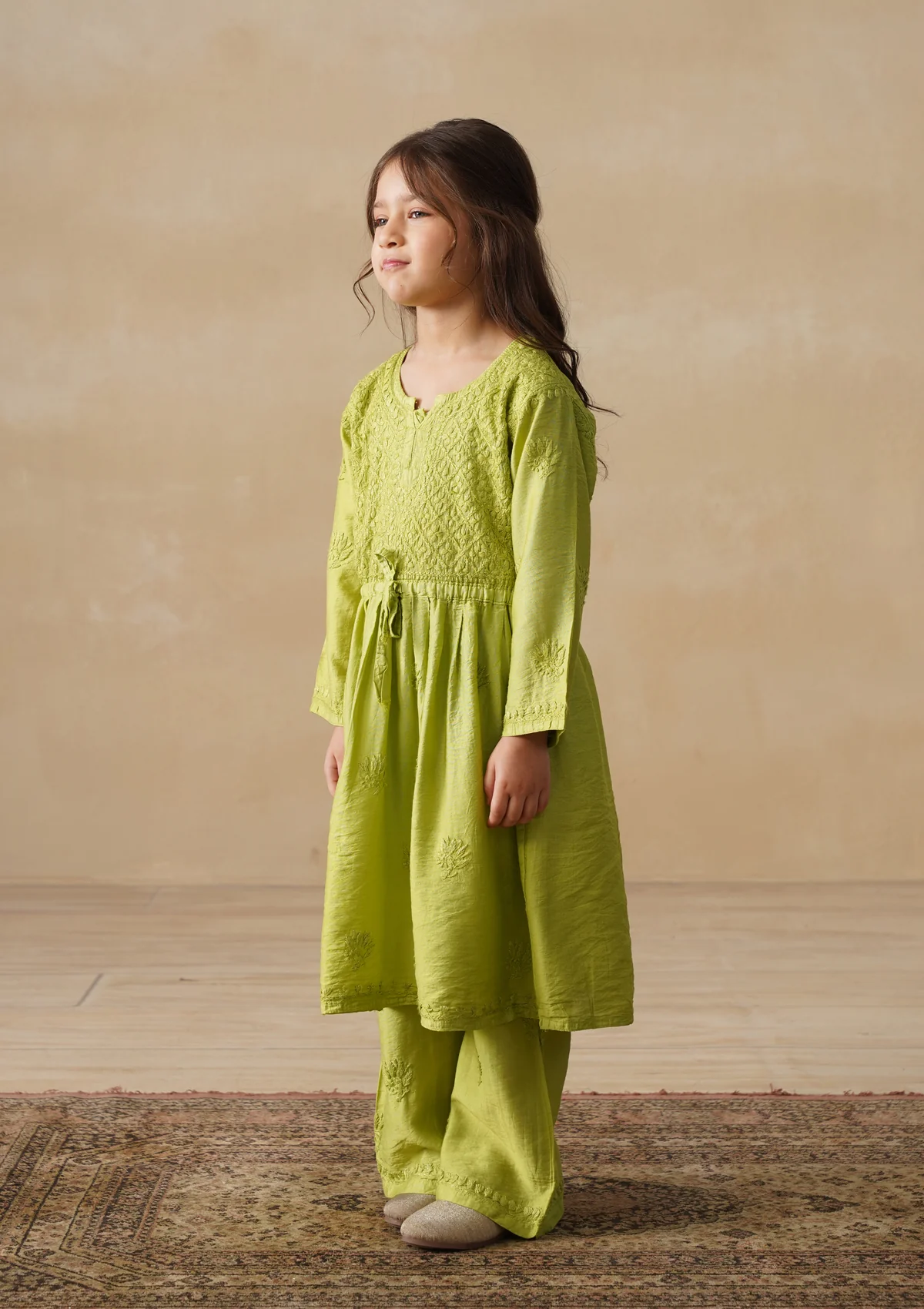 HOC Chanderi Chikankari Solid Girls 3 PC Long Kurta Set - Green - Image 4