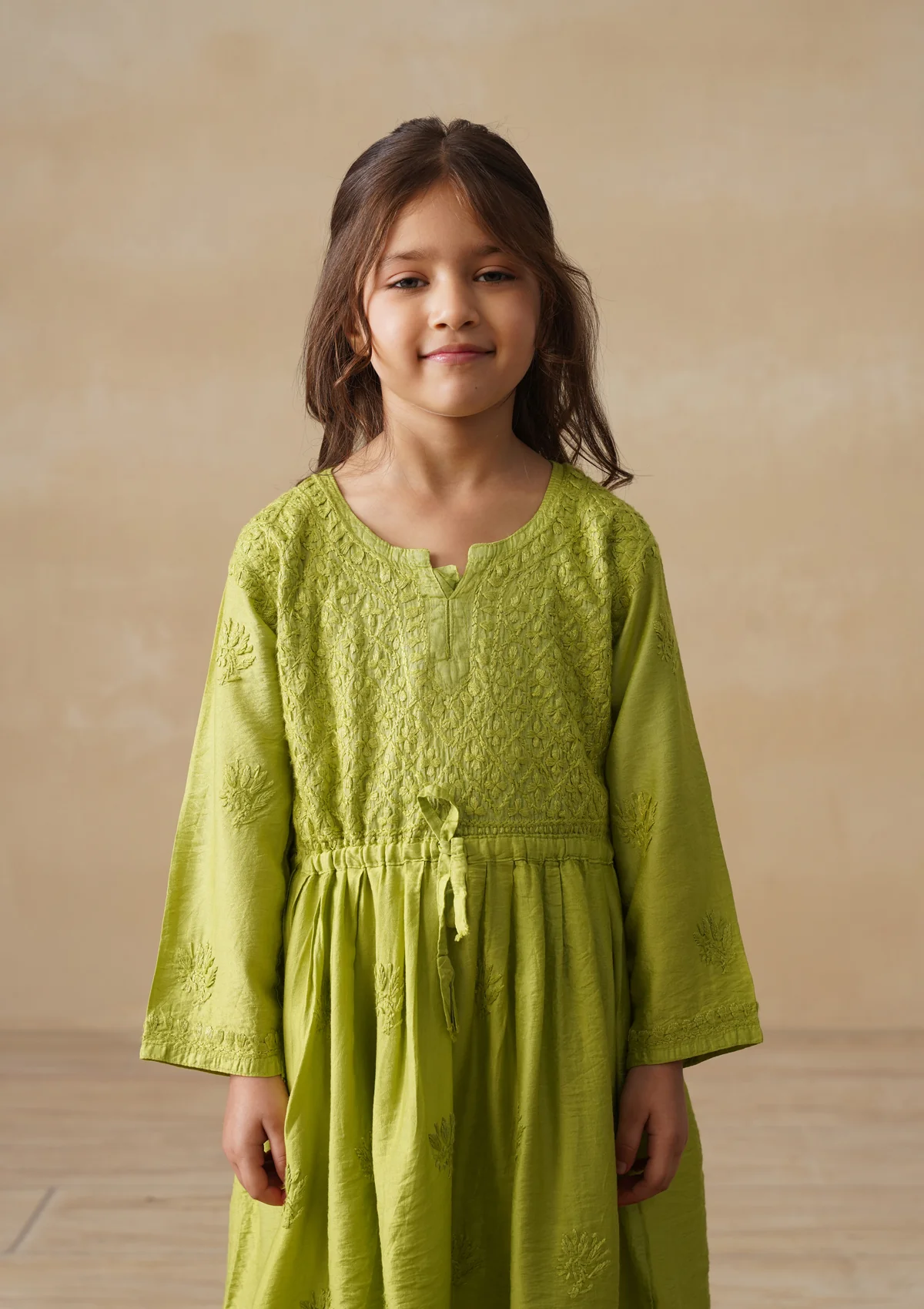 HOC Chanderi Chikankari Solid Girls 3 PC Long Kurta Set - Green - Image 5