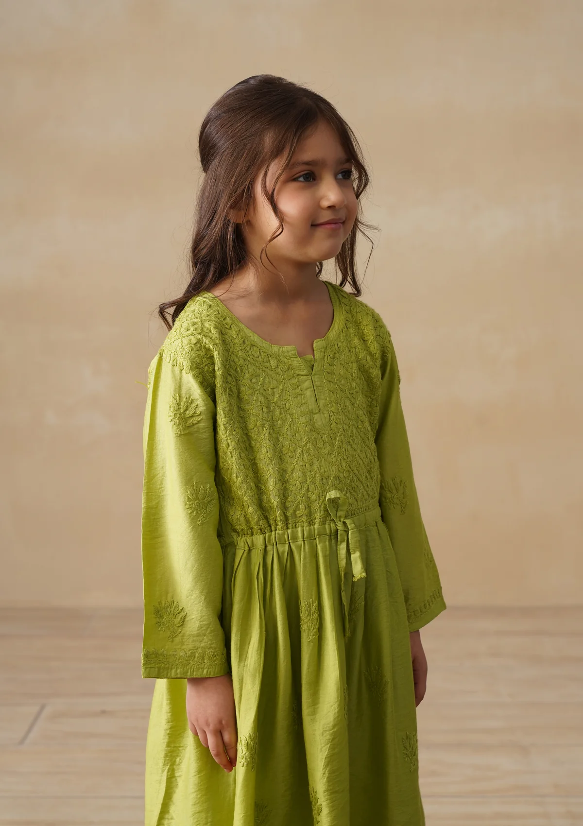 HOC Chanderi Chikankari Solid Girls 3 PC Long Kurta Set - Green - Image 6