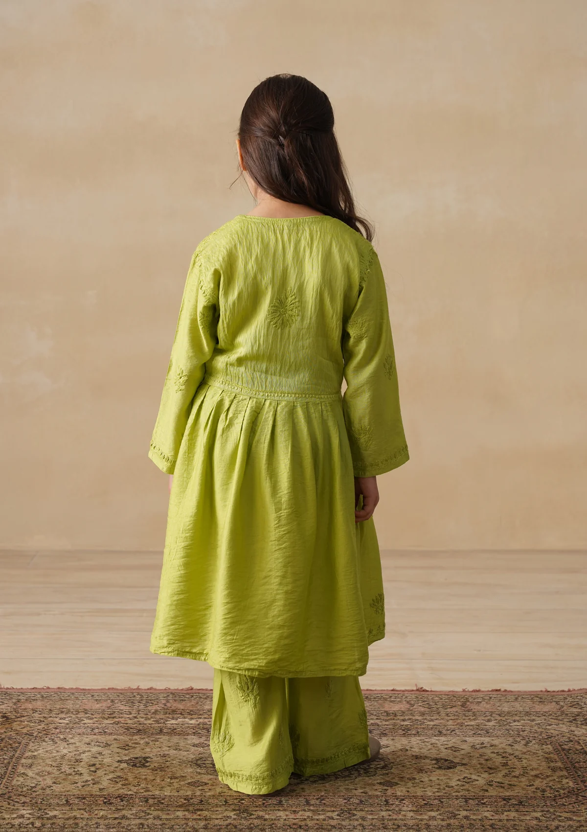 HOC Chanderi Chikankari Solid Girls 3 PC Long Kurta Set - Green - Image 8