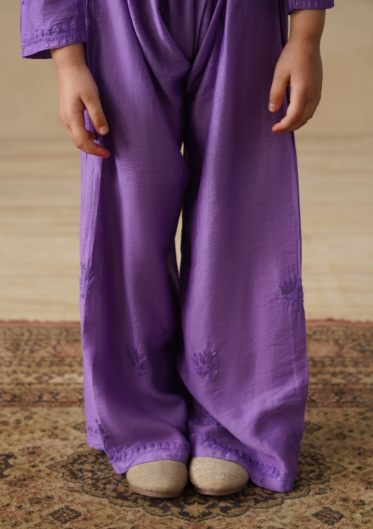 HOC Chanderi Chikankari Solid Girls 3 PC Long Kurta Set - Purple - Image 10