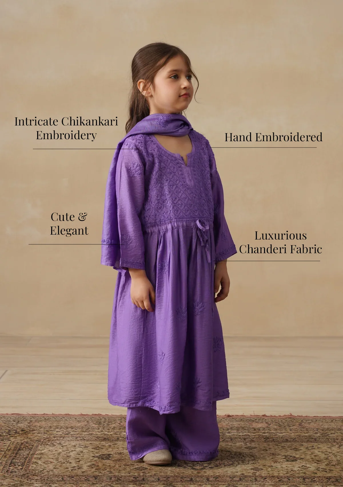 HOC Chanderi Chikankari Solid Girls 3 PC Long Kurta Set - Purple - Image 11