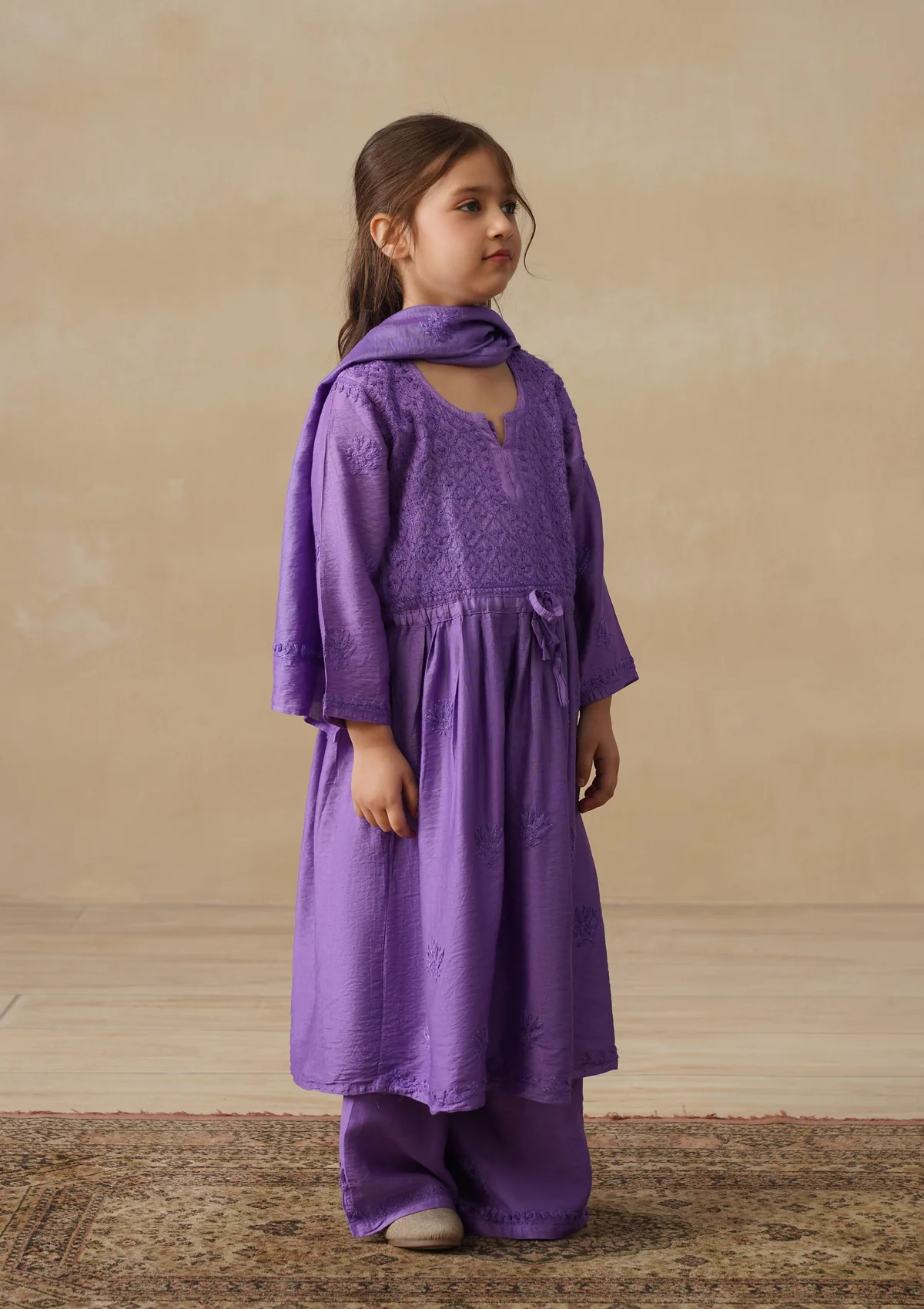 HOC Chanderi Chikankari Solid Girls 3 PC Long Kurta Set - Purple - Image 2