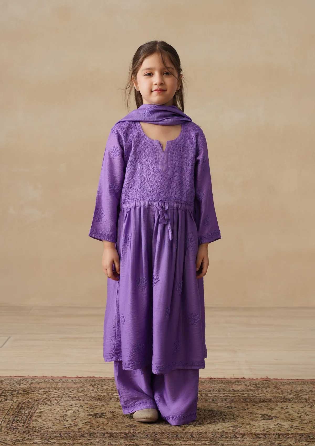 HOC Chanderi Chikankari Solid Girls 3 PC Long Kurta Set - Purple - Image 3