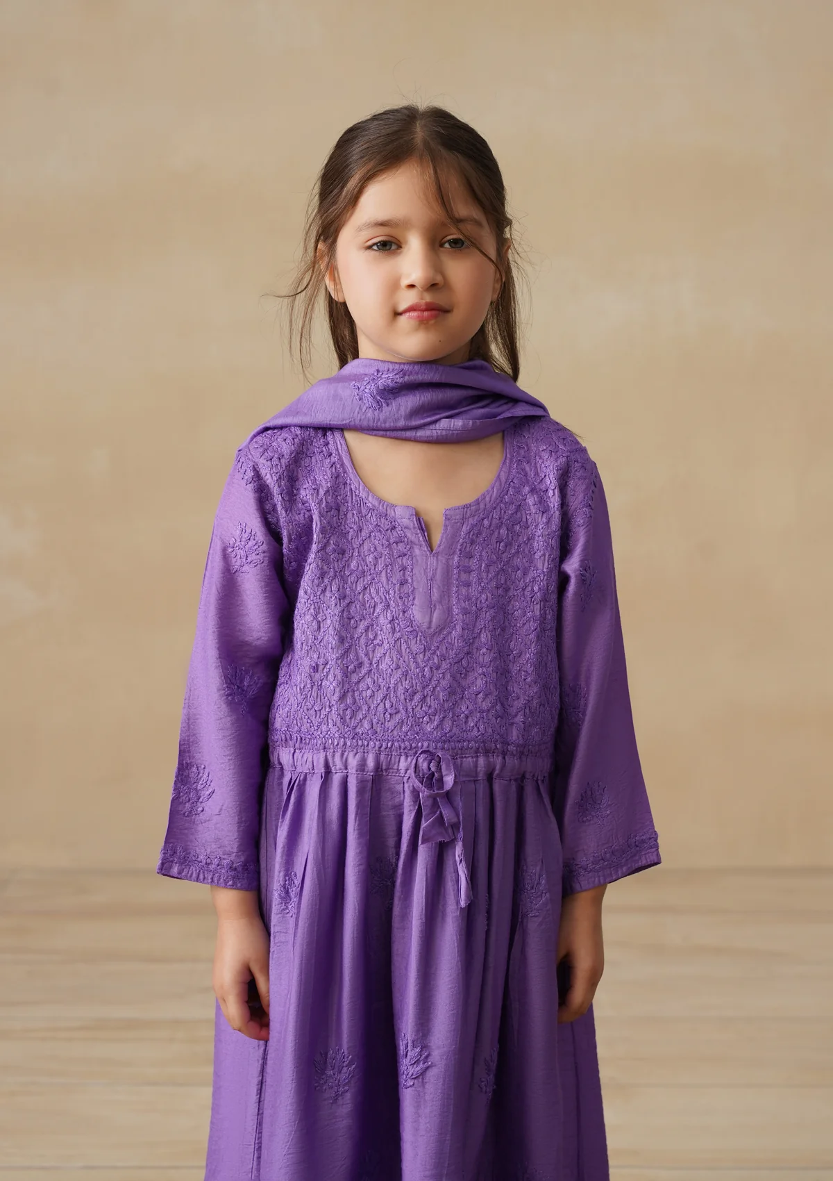 HOC Chanderi Chikankari Solid Girls 3 PC Long Kurta Set - Purple - Image 4