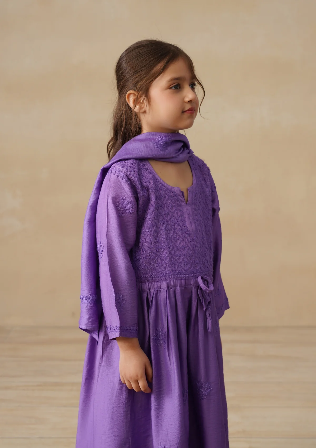 HOC Chanderi Chikankari Solid Girls 3 PC Long Kurta Set - Purple - Image 5