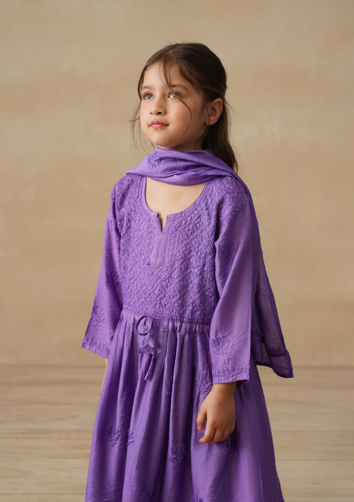 HOC Chanderi Chikankari Solid Girls 3 PC Long Kurta Set - Purple - Image 6