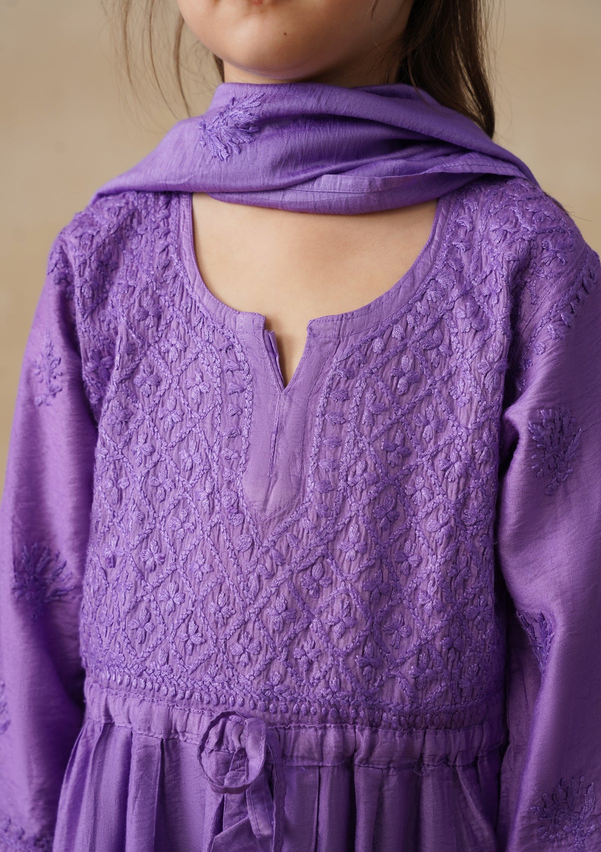 HOC Chanderi Chikankari Solid Girls 3 PC Long Kurta Set - Purple - Image 7