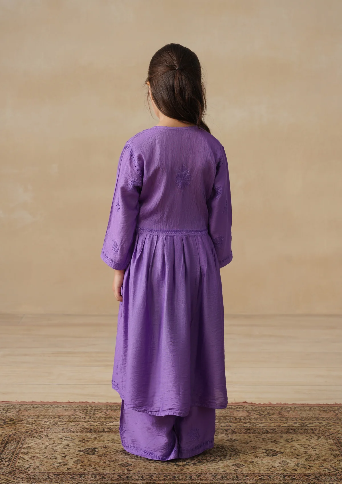 HOC Chanderi Chikankari Solid Girls 3 PC Long Kurta Set - Purple - Image 8