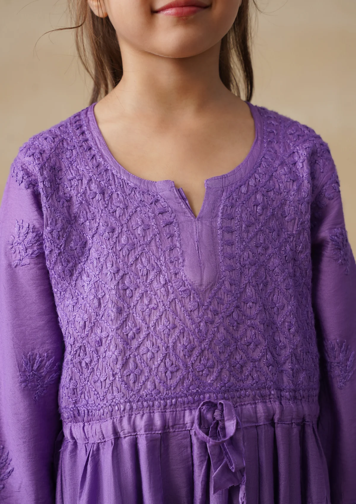 HOC Chanderi Chikankari Solid Girls 3 PC Long Kurta Set - Purple - Image 9