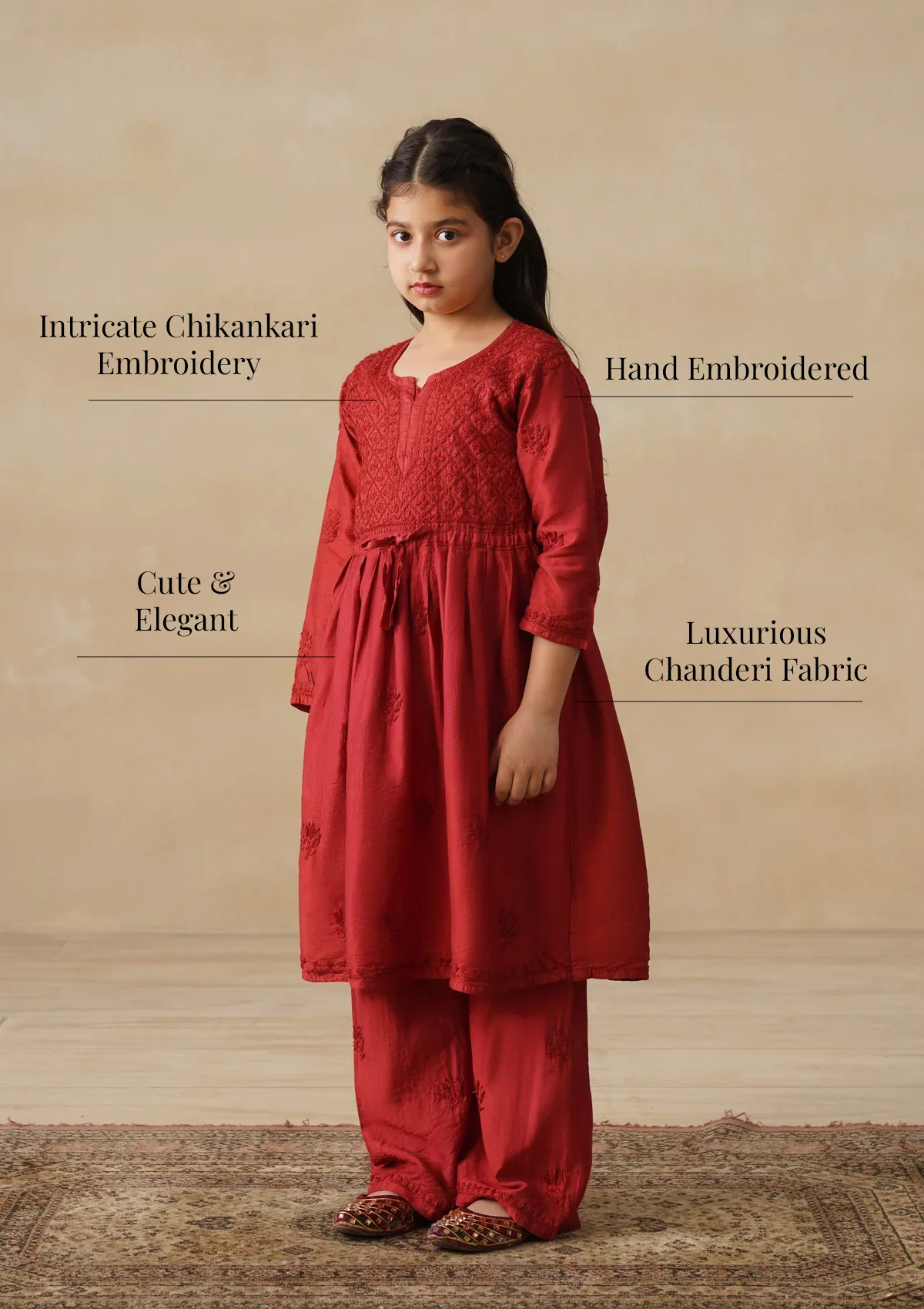 HOC Chanderi Chikankari Solid Girls 3 PC Long Kurta Set - Rust - Image 10