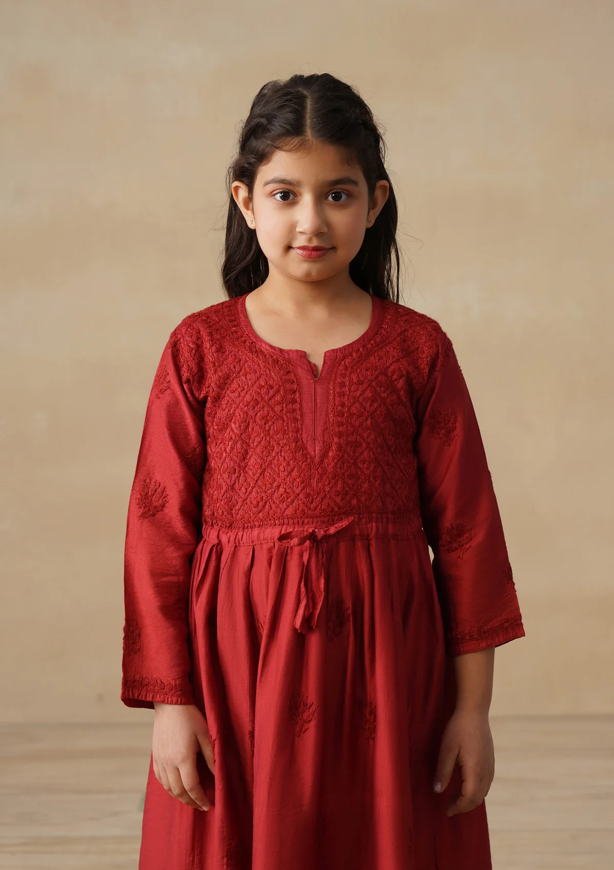 HOC Chanderi Chikankari Solid Girls 3 PC Long Kurta Set - Rust - Image 6