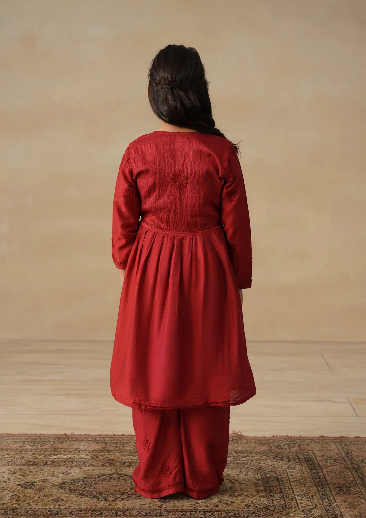 HOC Chanderi Chikankari Solid Girls 3 PC Long Kurta Set - Rust - Image 8