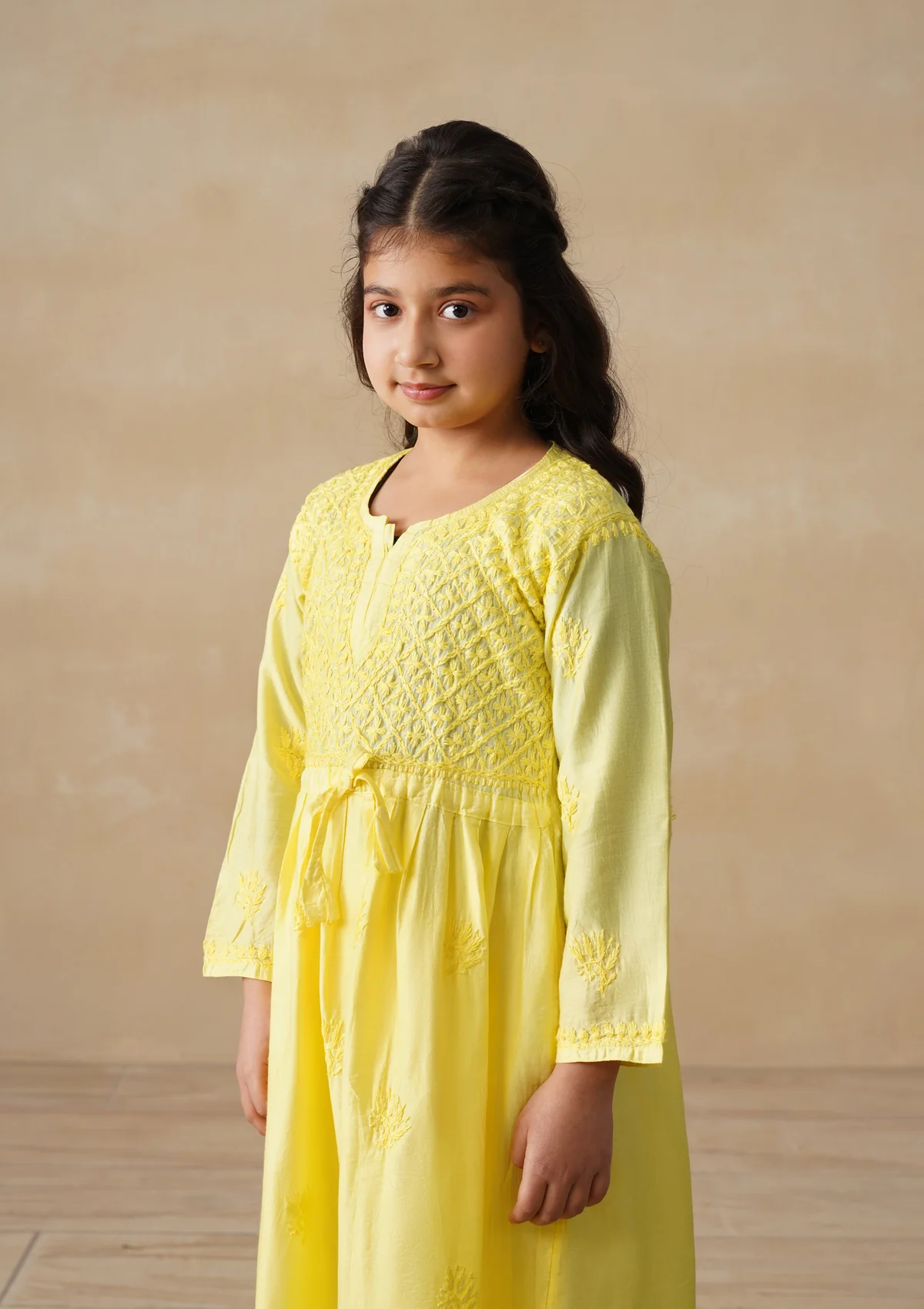 HOC Chanderi Chikankari Solid Girls 3 PC Long Kurta Set - Yellow - Image 3