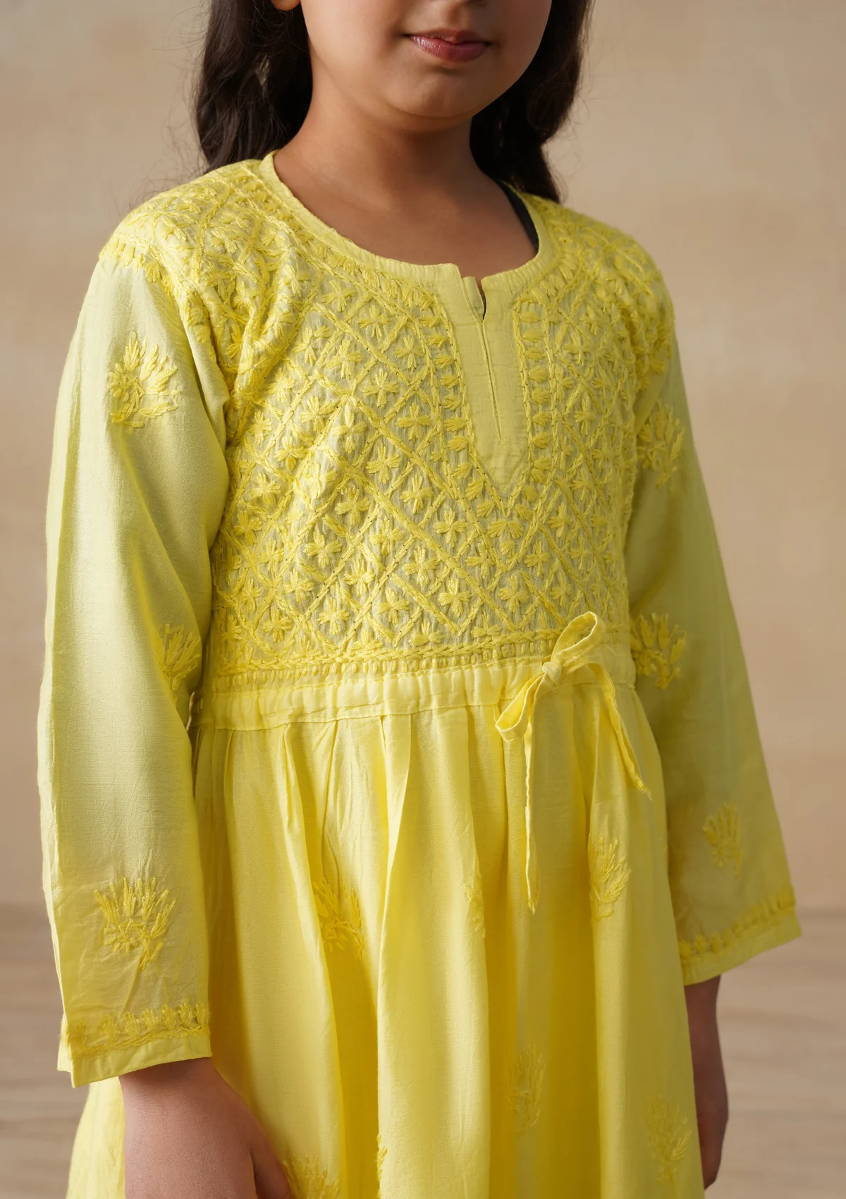HOC Chanderi Chikankari Solid Girls 3 PC Long Kurta Set - Yellow - Image 5