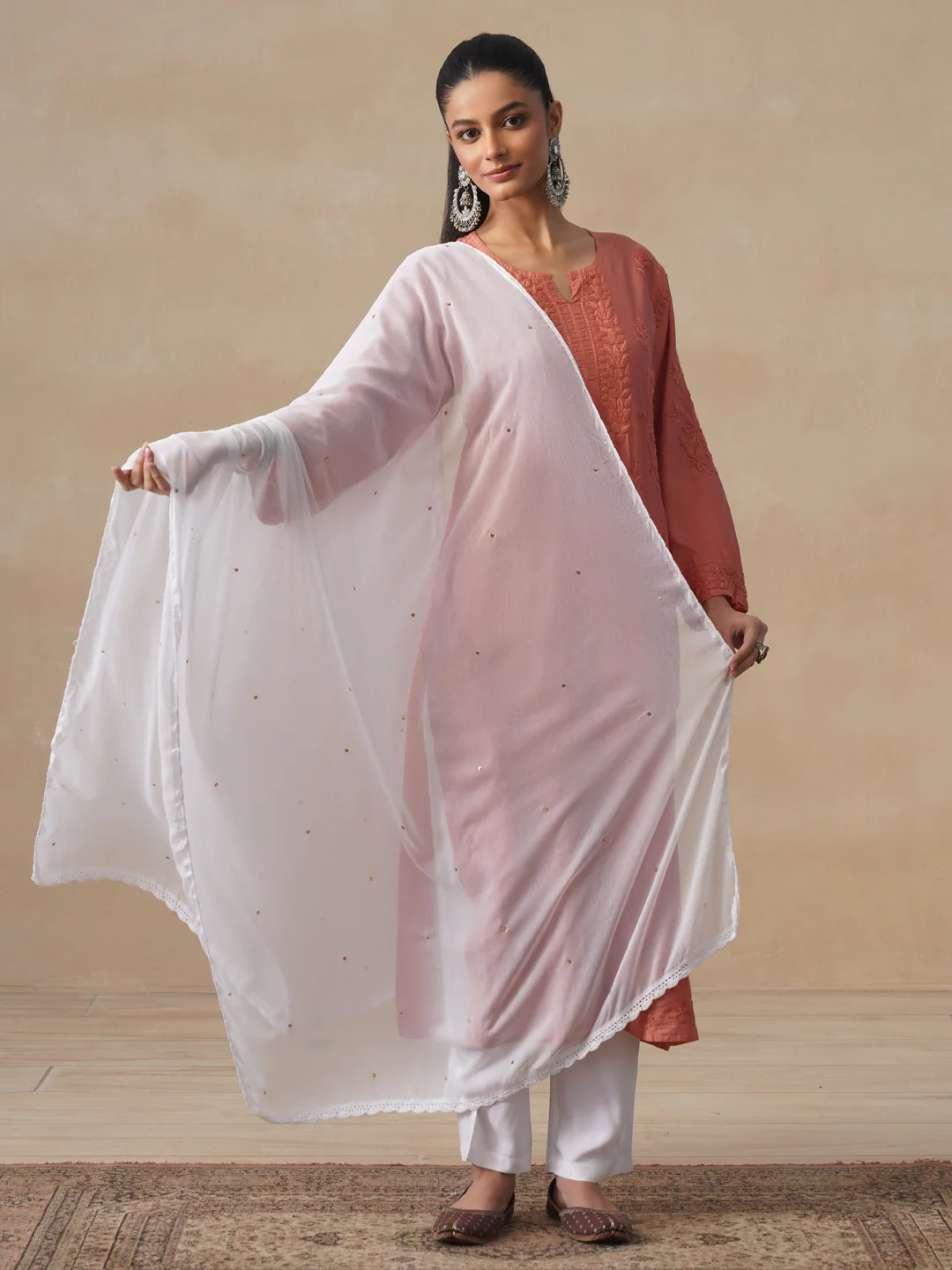 HOC Chiffon Chikankari Solid Women's Dupatta with Mukaish - White - Image 3