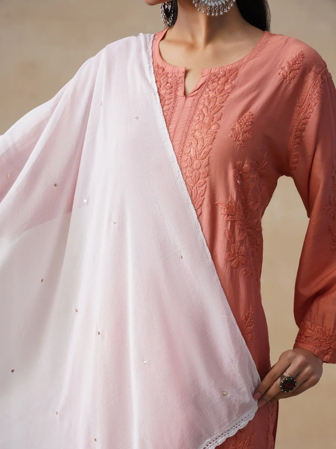 HOC Chiffon Chikankari Solid Women's Dupatta with Mukaish - White - Image 4