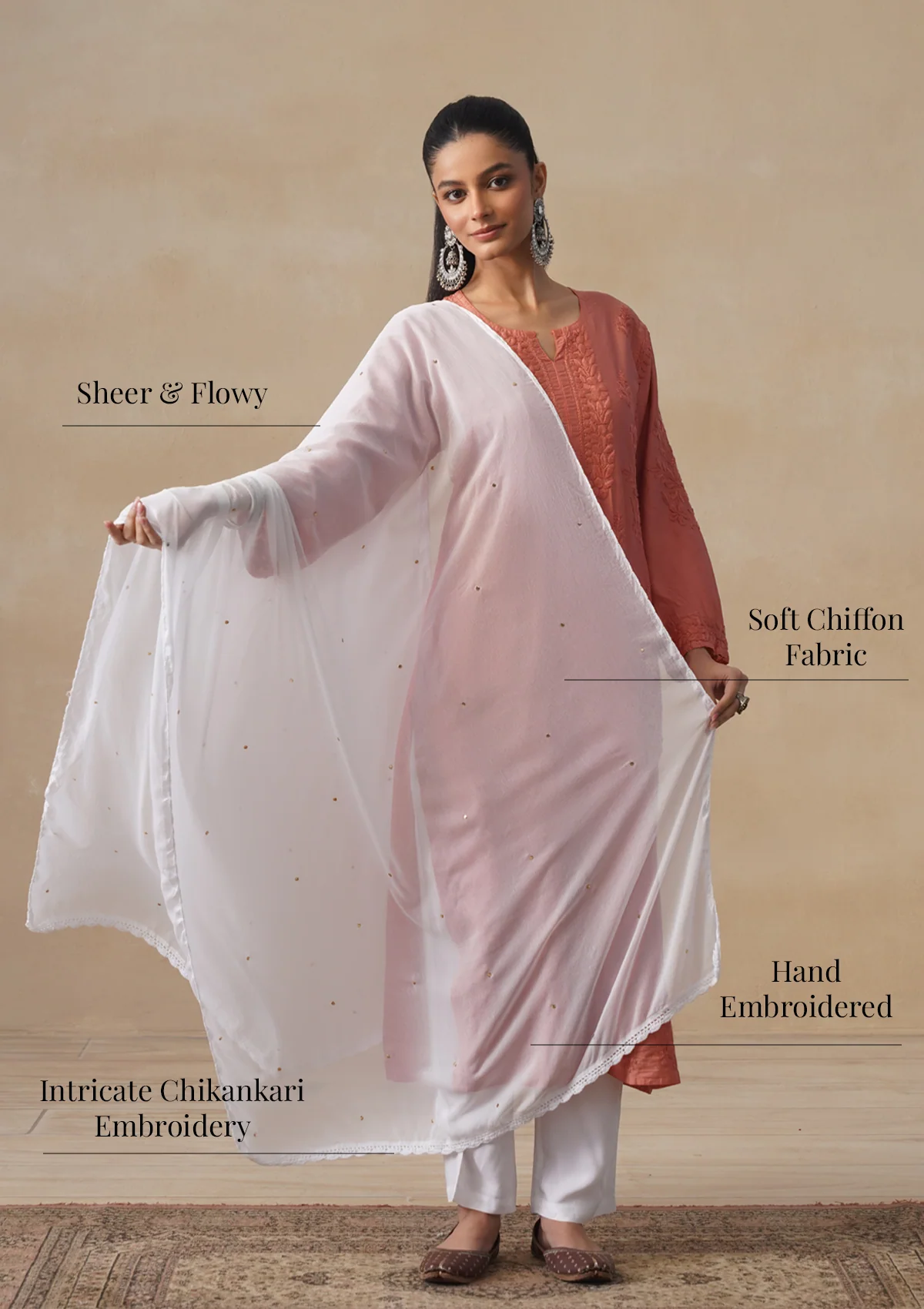 HOC Chiffon Chikankari Solid Women's Dupatta with Mukaish - White - Image 5