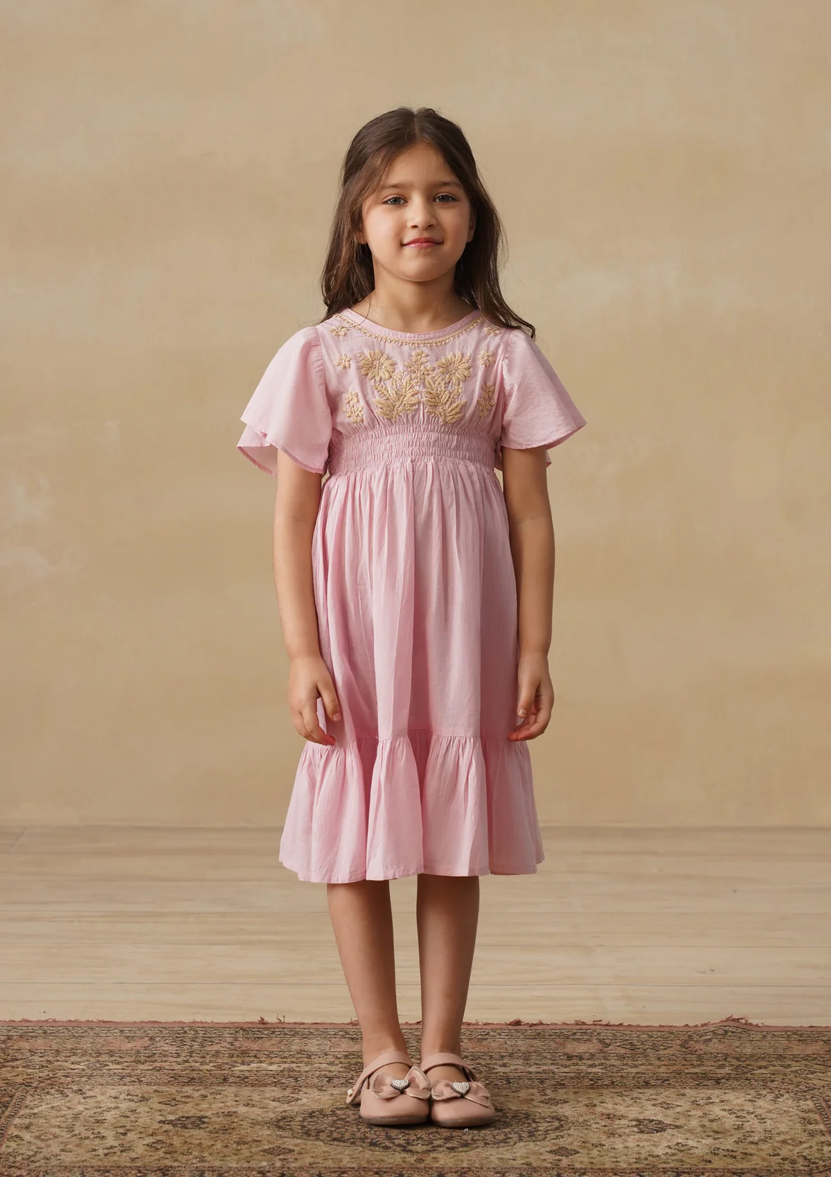 HOC Cotton Chikankari Solid Girls Long Dress - Light Pink - Image 3