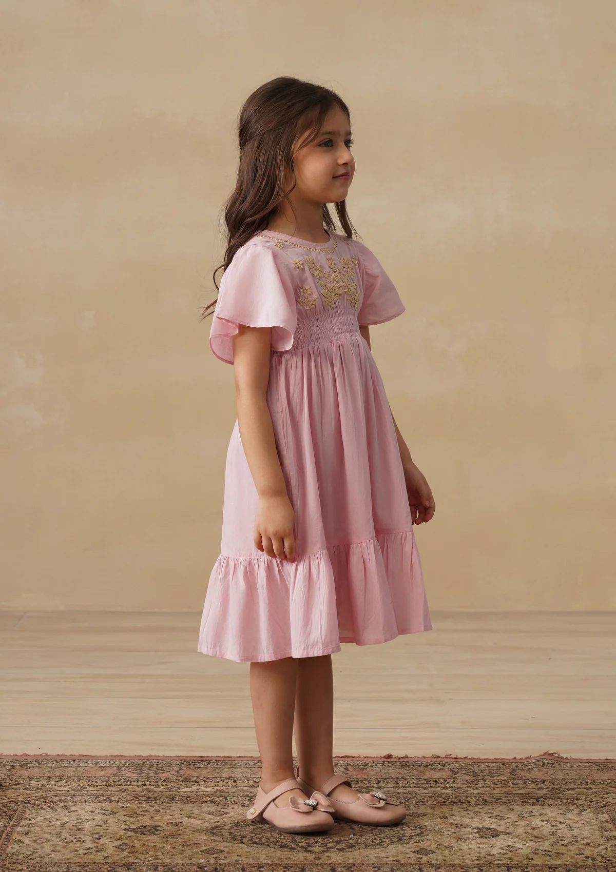 HOC Cotton Chikankari Solid Girls Long Dress - Light Pink - Image 4