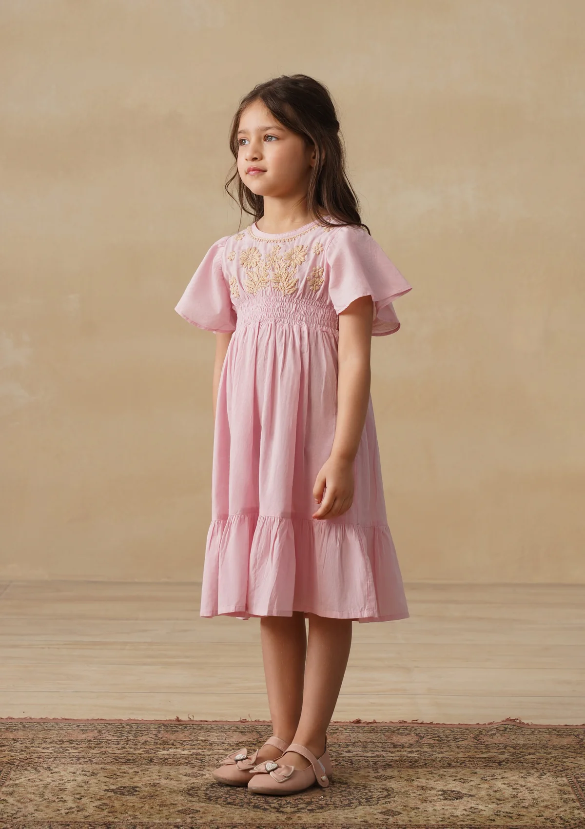 HOC Cotton Chikankari Solid Girls Long Dress - Light Pink - Image 6
