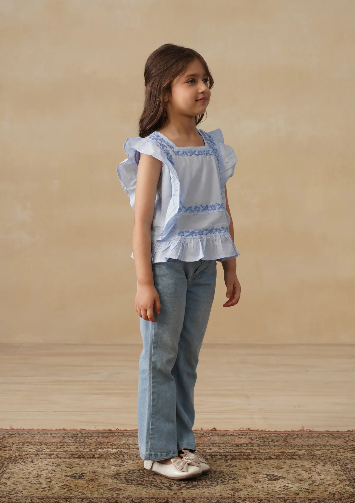 HOC Cotton Chikankari Solid Girls Short Top - Light Blue - Image 3