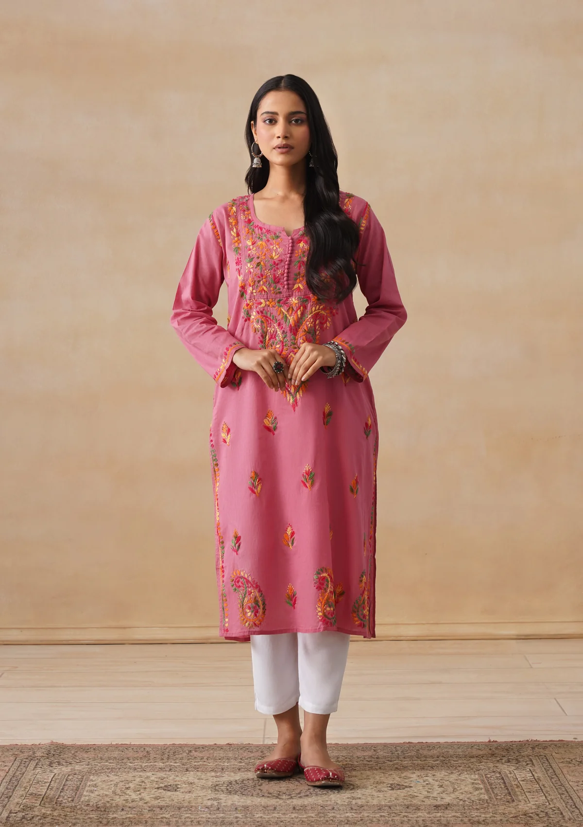 HOC Cotton Chikankari Solid Women's Long Kurta - Dust Pink