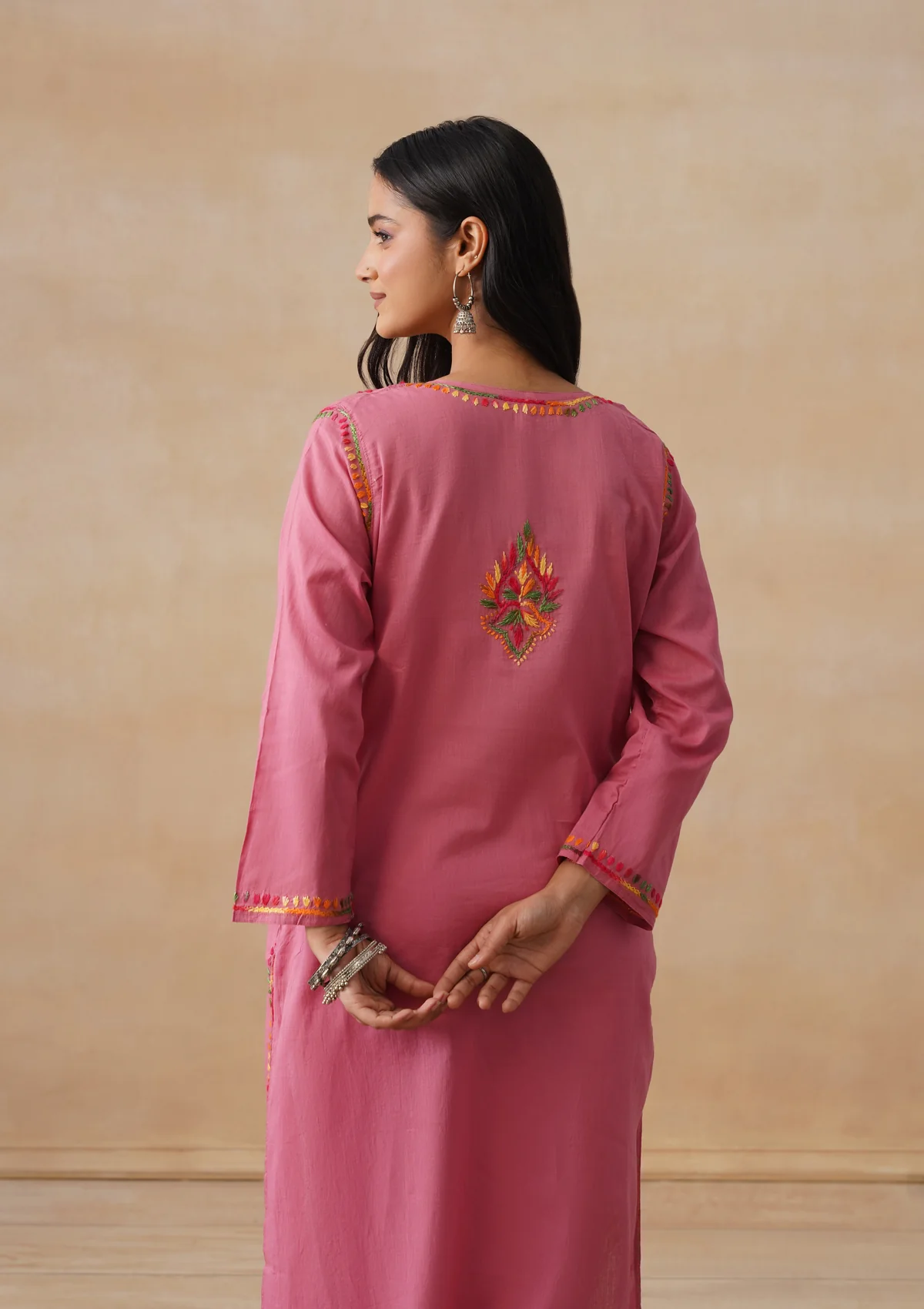 HOC Cotton Chikankari Solid Women's Long Kurta - Dust Pink - Image 10
