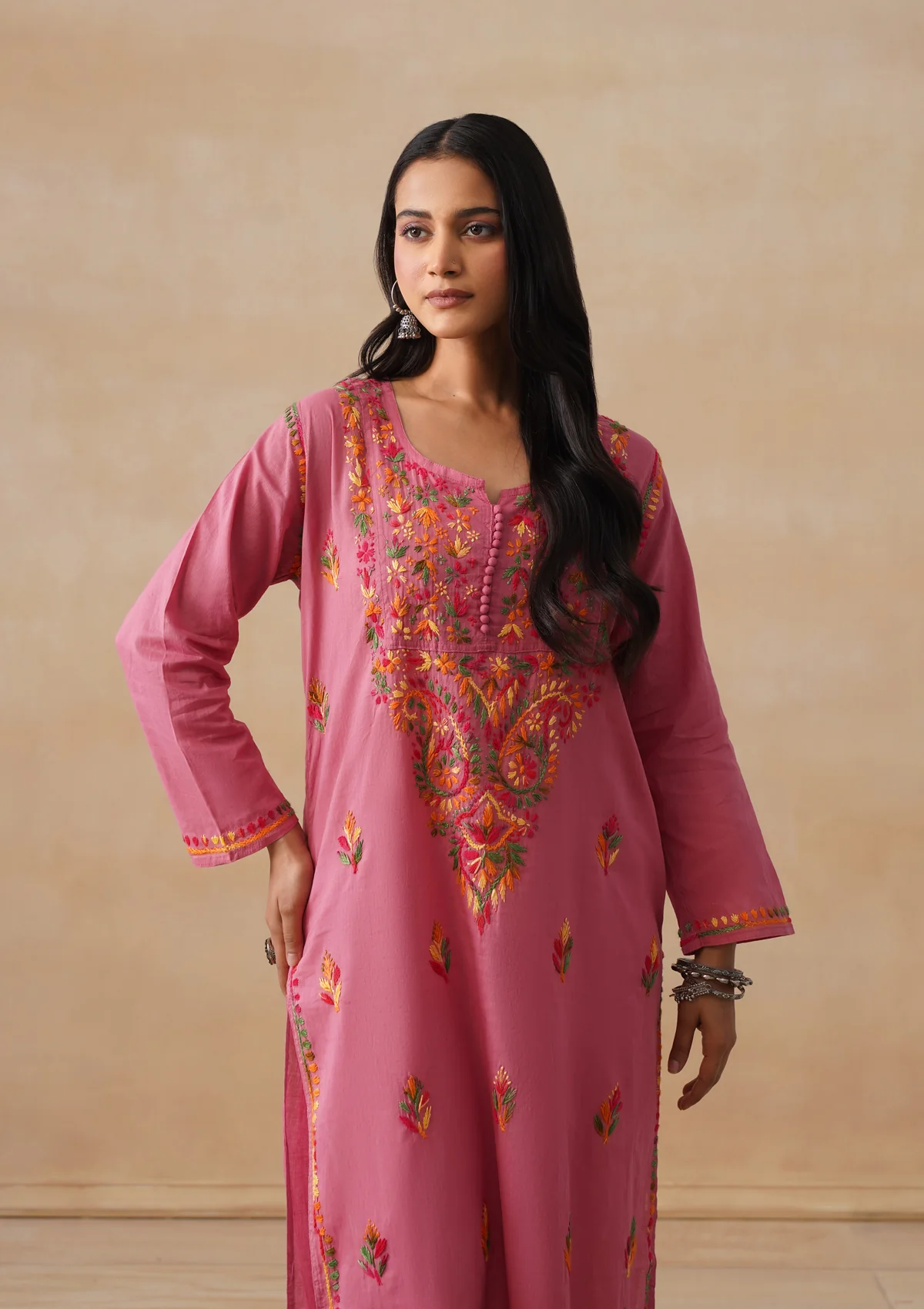 HOC Cotton Chikankari Solid Women's Long Kurta - Dust Pink - Image 2