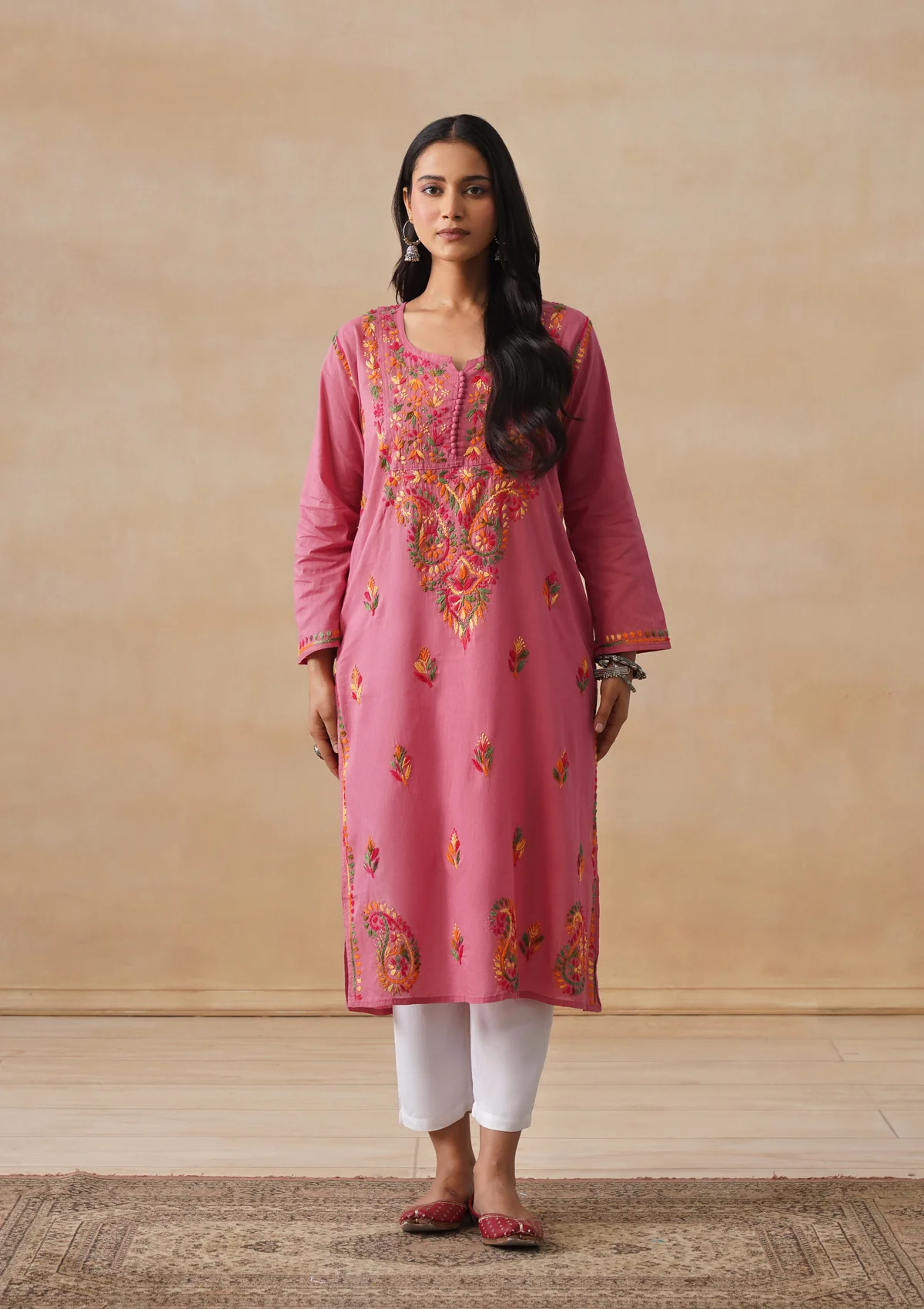 HOC Cotton Chikankari Solid Women's Long Kurta - Dust Pink - Image 3