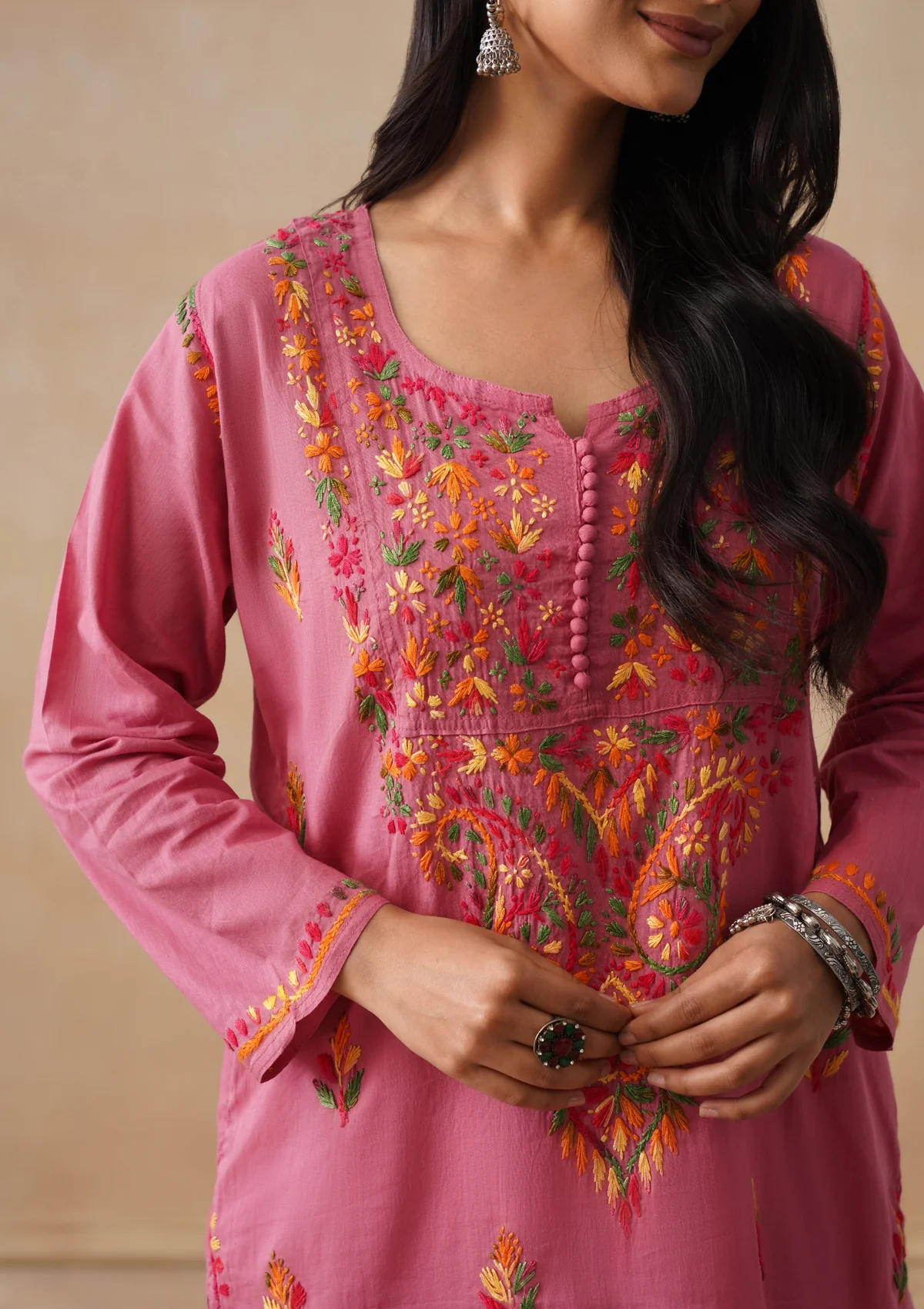 HOC Cotton Chikankari Solid Women's Long Kurta - Dust Pink - Image 4