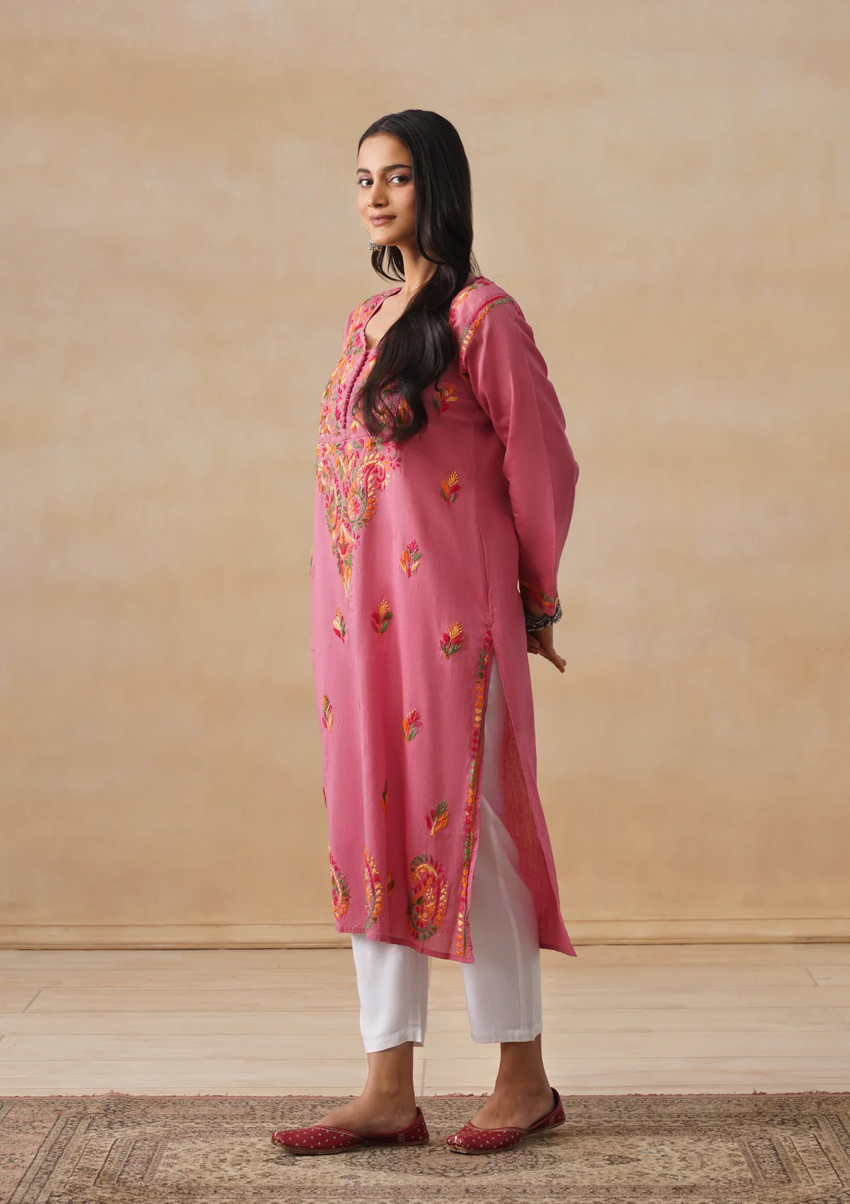 HOC Cotton Chikankari Solid Women's Long Kurta - Dust Pink - Image 5