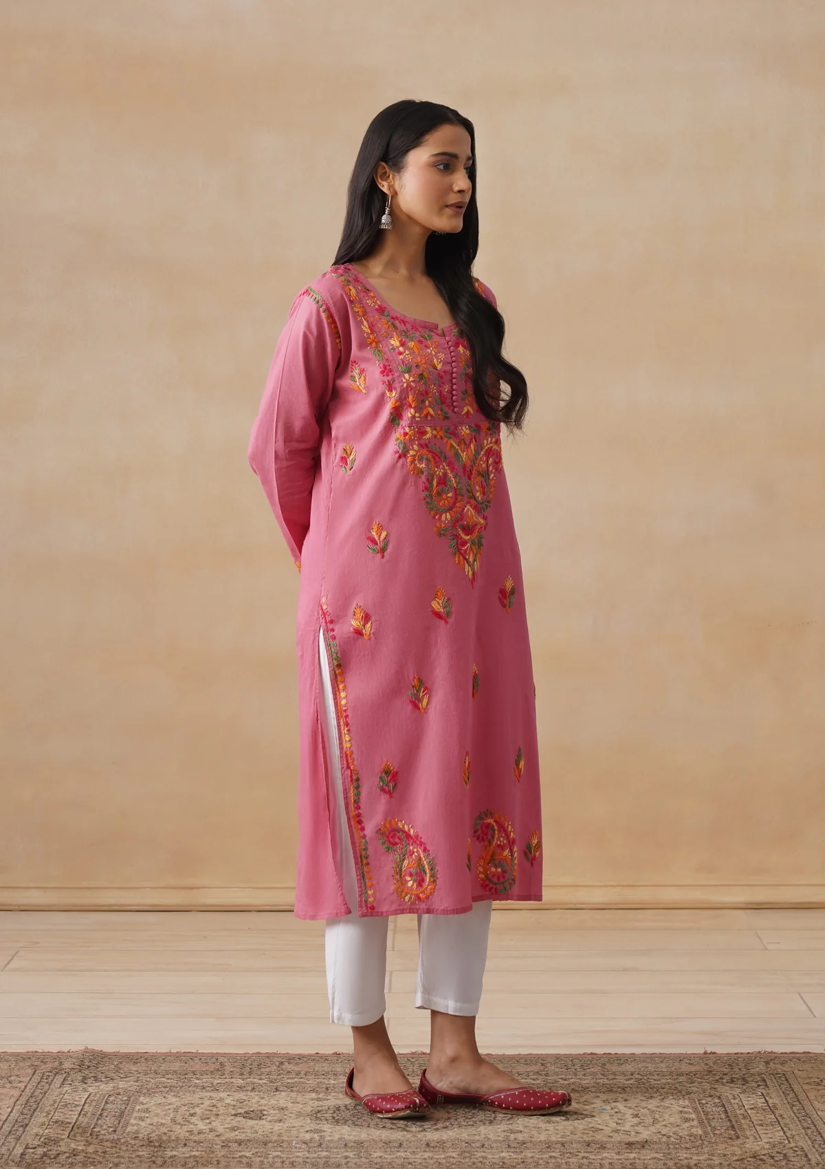 HOC Cotton Chikankari Solid Women's Long Kurta - Dust Pink - Image 6