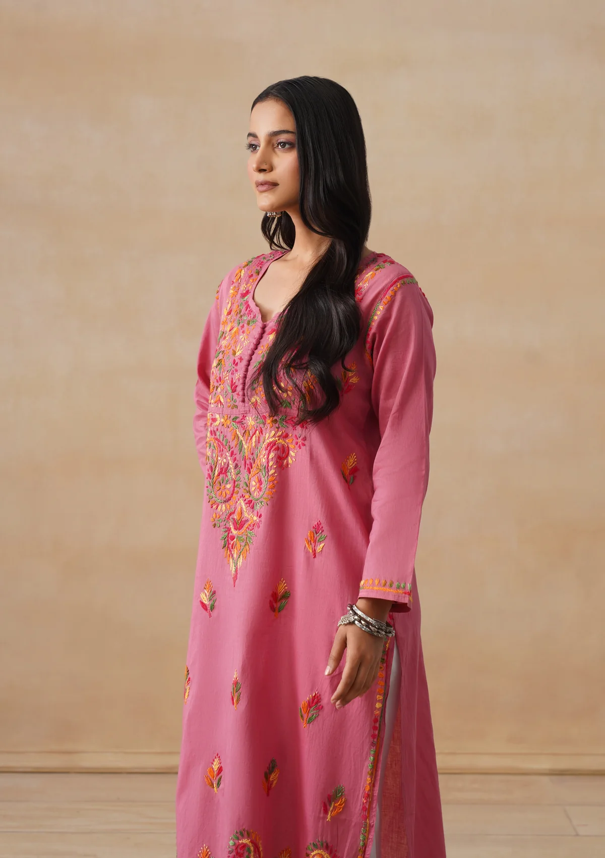 HOC Cotton Chikankari Solid Women's Long Kurta - Dust Pink - Image 8