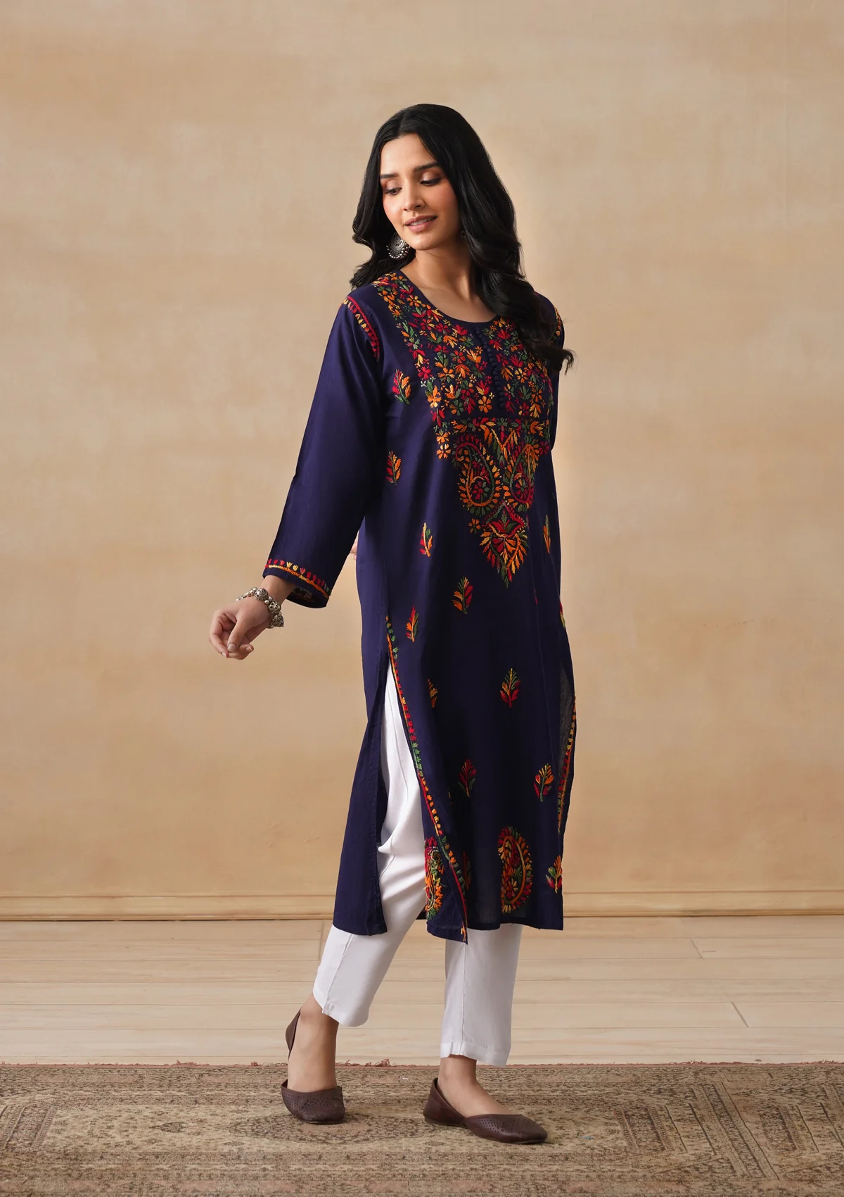 HOC Cotton Chikankari Solid Women's Long Kurta - Navy