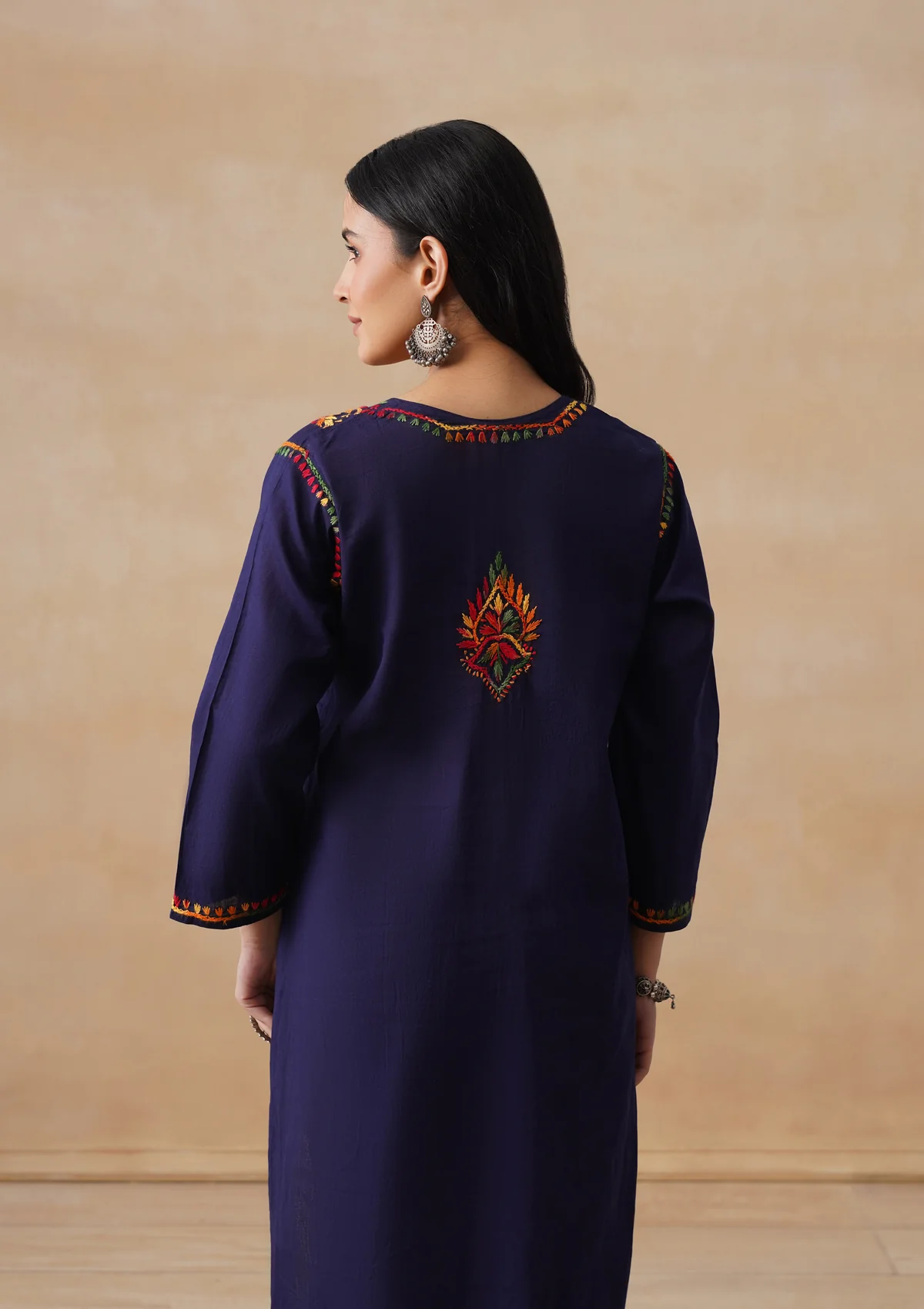 HOC Cotton Chikankari Solid Women's Long Kurta - Navy - Image 10