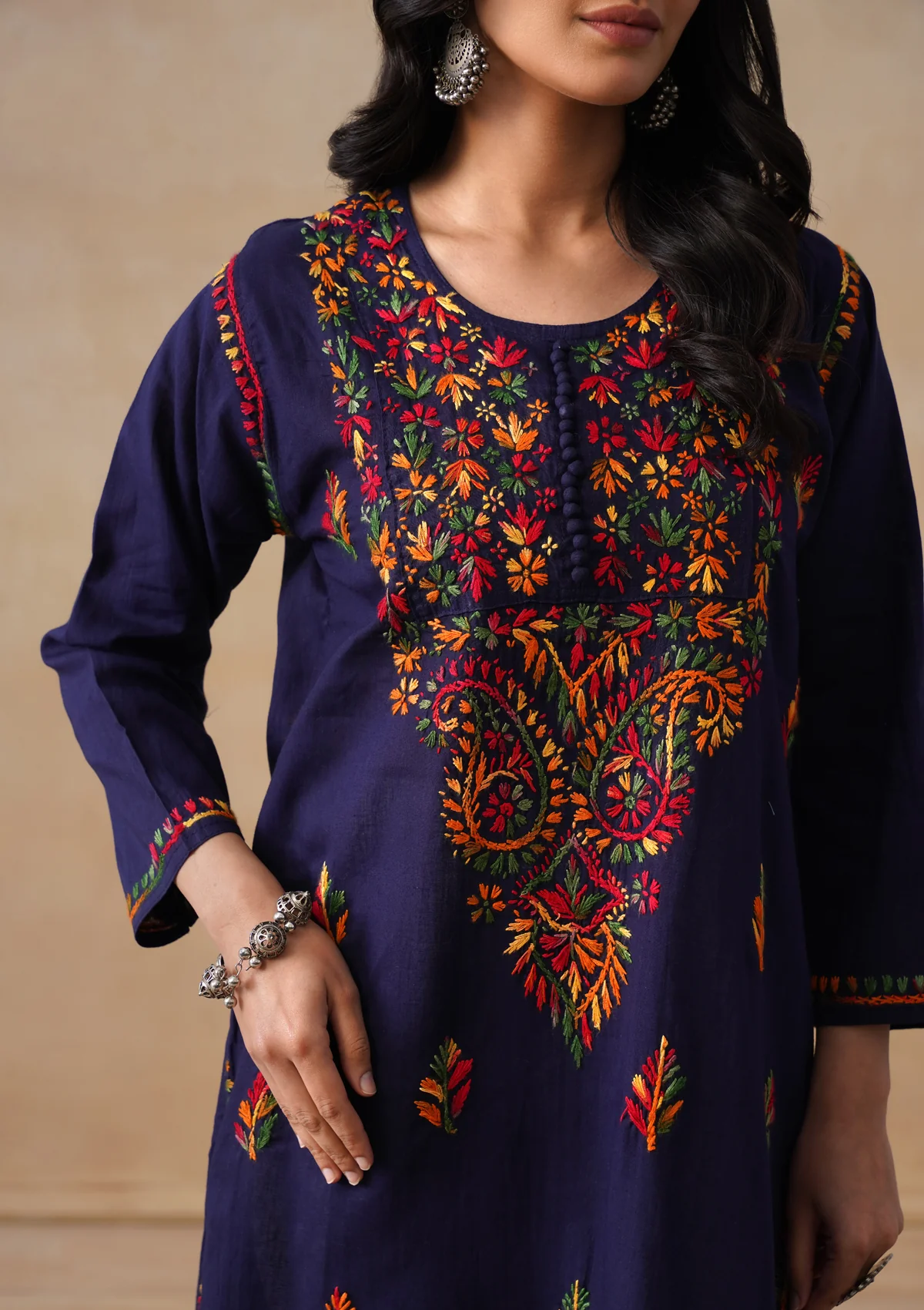 HOC Cotton Chikankari Solid Women's Long Kurta - Navy - Image 4