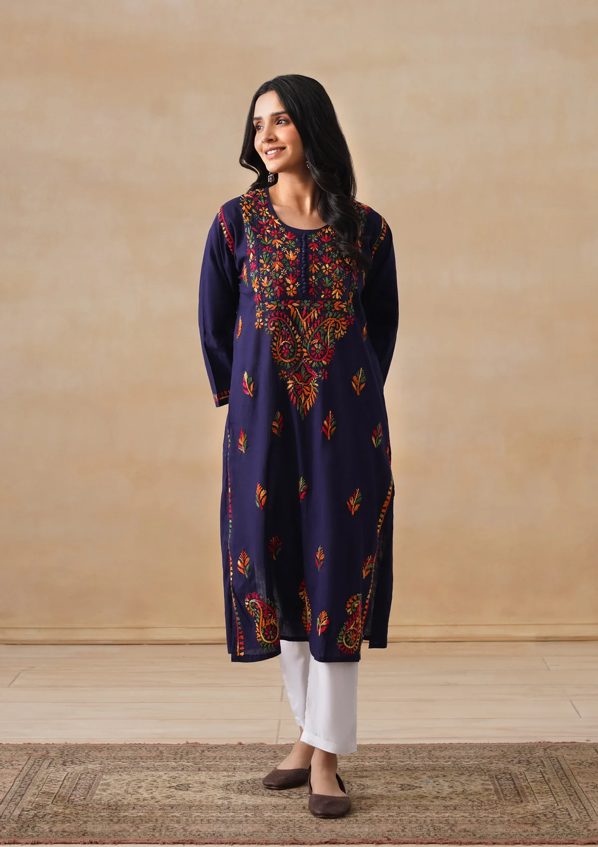 HOC Cotton Chikankari Solid Women's Long Kurta - Navy - Image 5