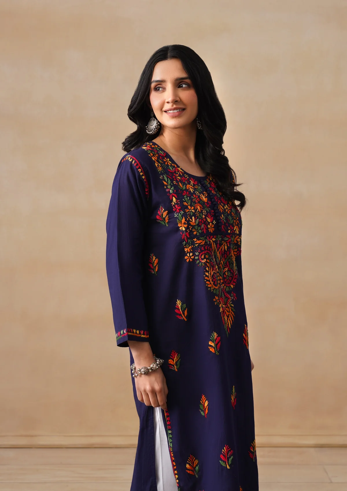 HOC Cotton Chikankari Solid Women's Long Kurta - Navy - Image 9