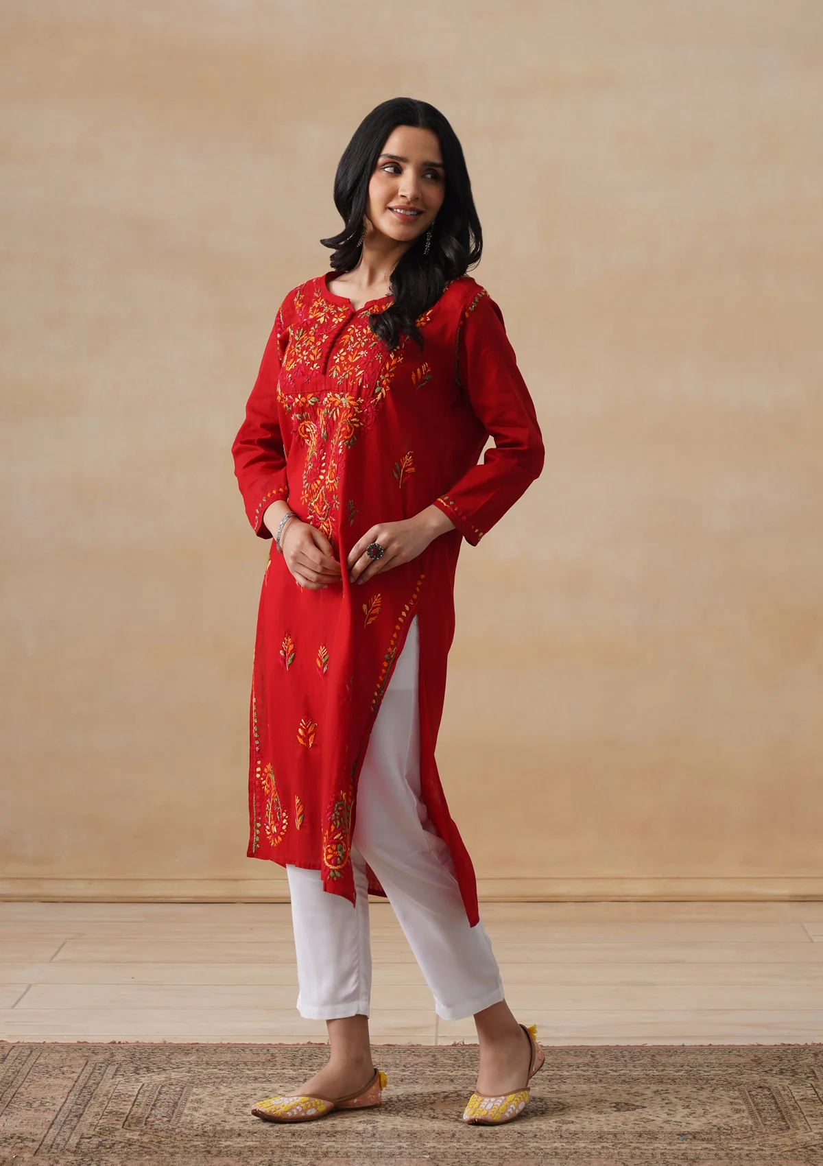 HOC Cotton Chikankari Solid Women's Long Kurta - Red - Image 3