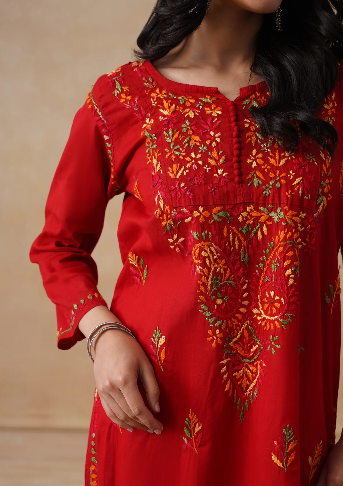 HOC Cotton Chikankari Solid Women's Long Kurta - Red - Image 4