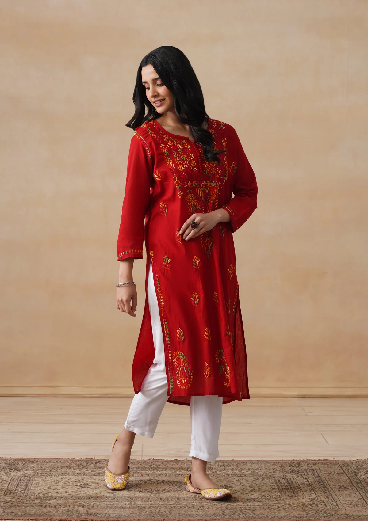 HOC Cotton Chikankari Solid Women's Long Kurta - Red - Image 5
