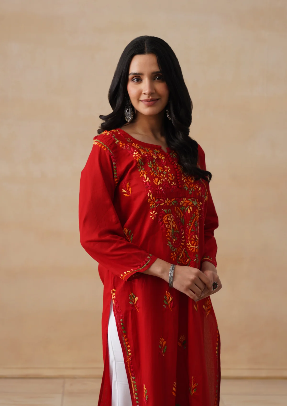 HOC Cotton Chikankari Solid Women's Long Kurta - Red - Image 7