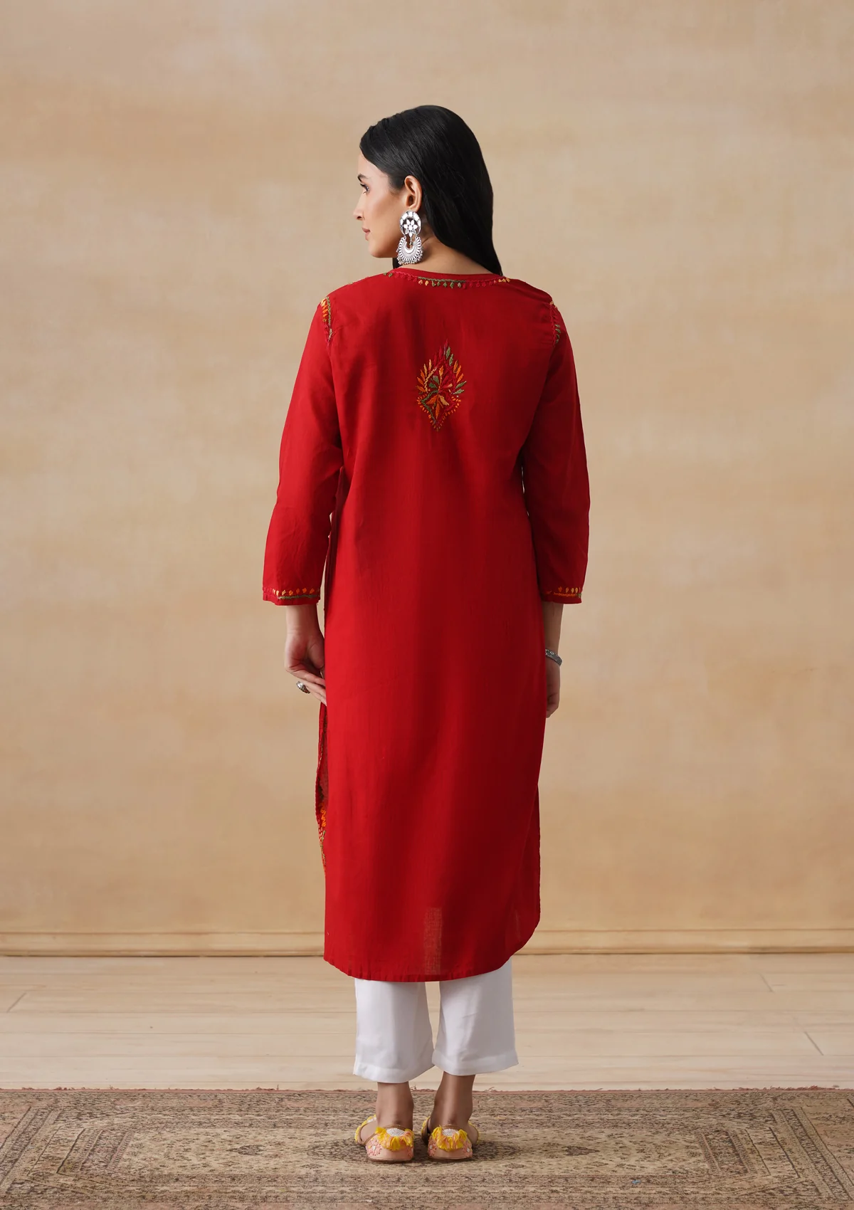 HOC Cotton Chikankari Solid Women's Long Kurta - Red - Image 8