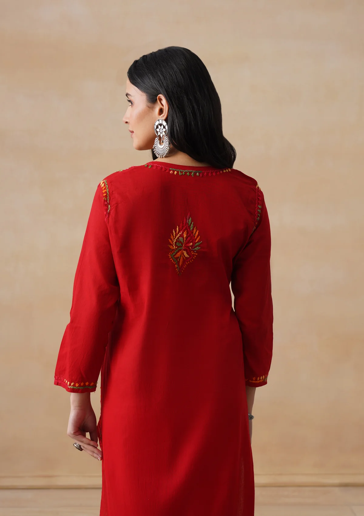 HOC Cotton Chikankari Solid Women's Long Kurta - Red - Image 9