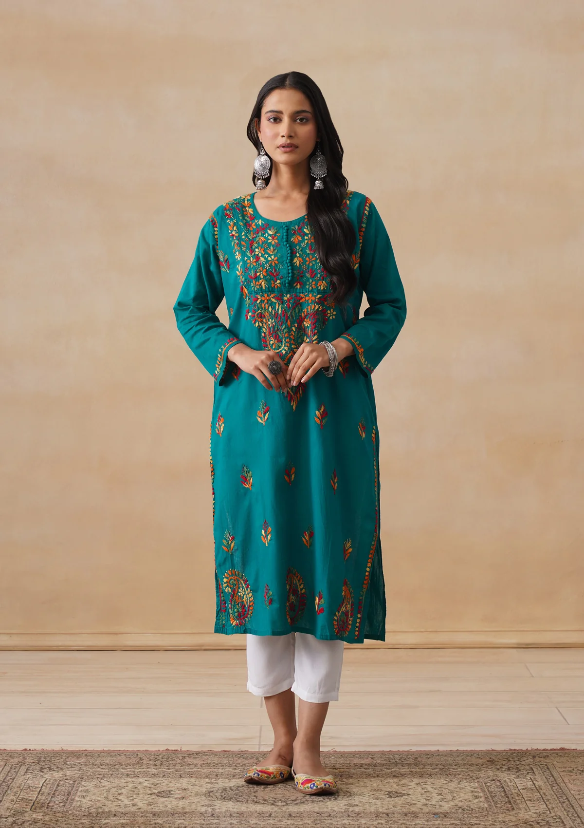 HOC Cotton Chikankari Solid Women's Long Kurta - Teal