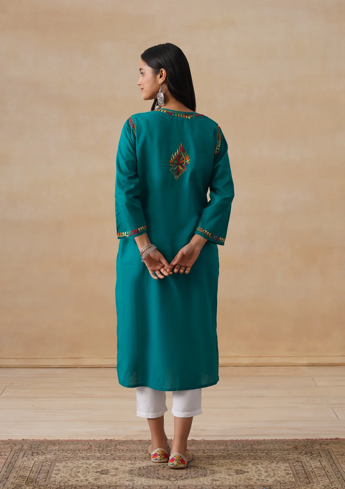 HOC Cotton Chikankari Solid Women's Long Kurta - Teal - Image 10