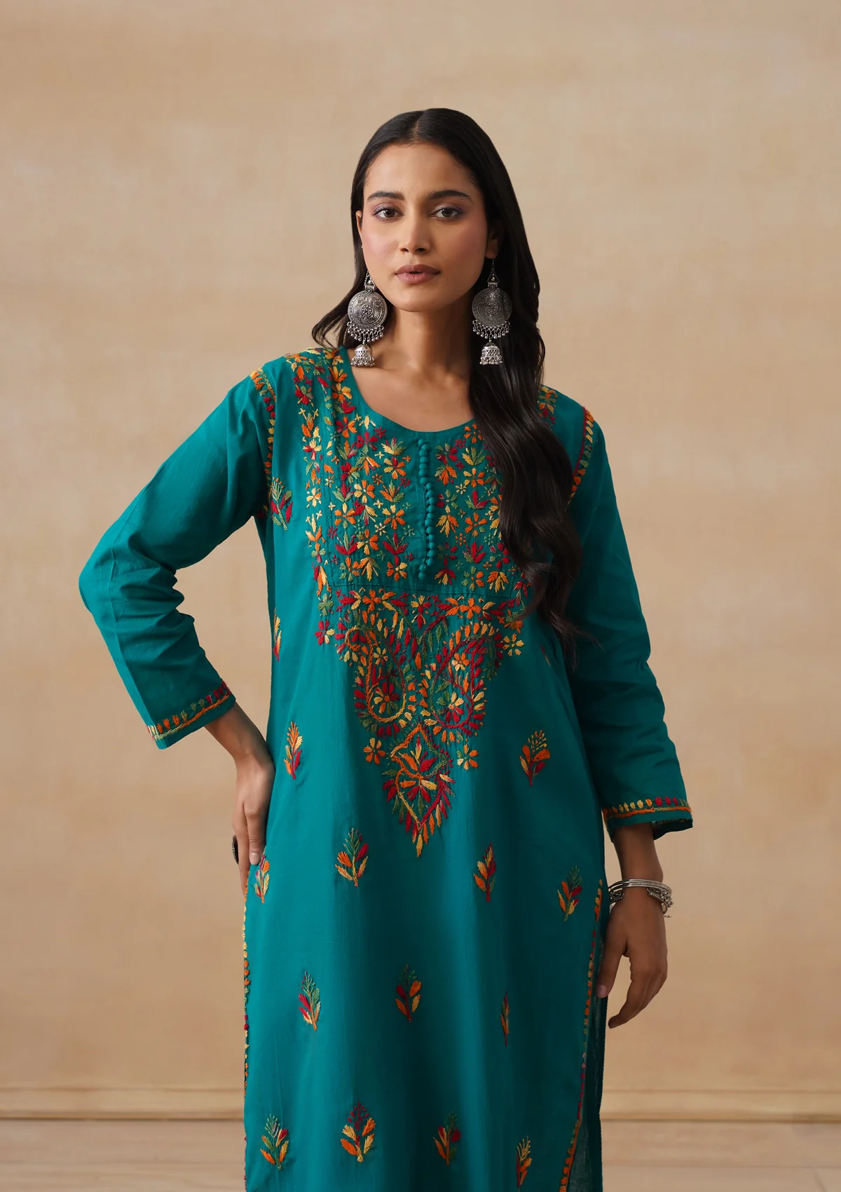 HOC Cotton Chikankari Solid Women's Long Kurta - Teal - Image 2