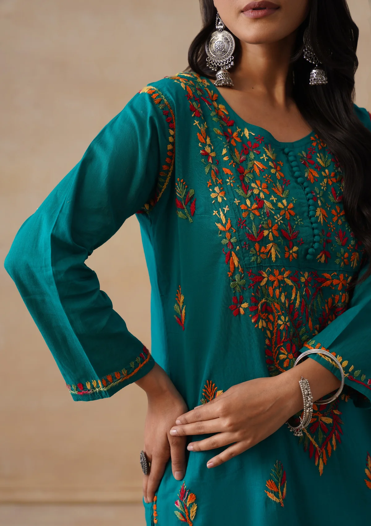 HOC Cotton Chikankari Solid Women's Long Kurta - Teal - Image 4