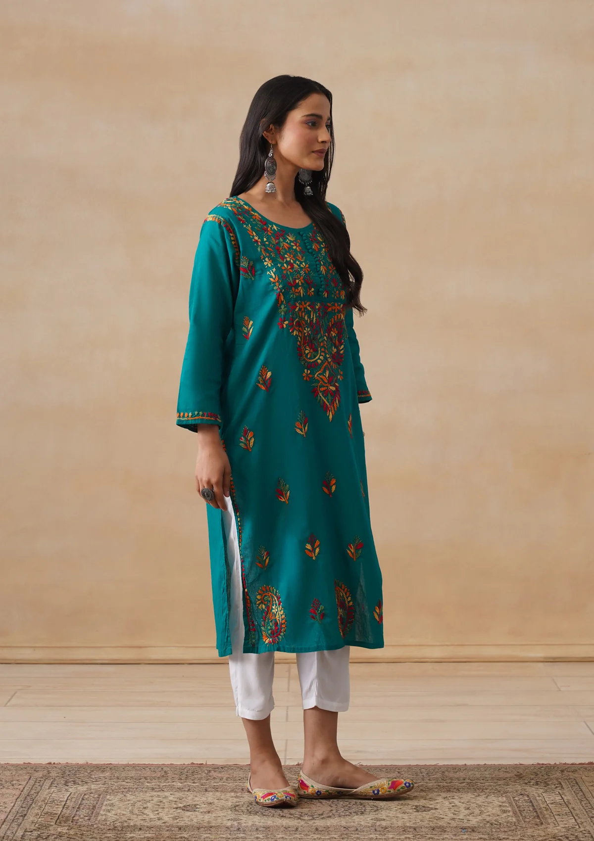 HOC Cotton Chikankari Solid Women's Long Kurta - Teal - Image 6